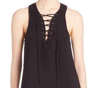 ROI Lace-Up Muslin Raw Hem Black Top